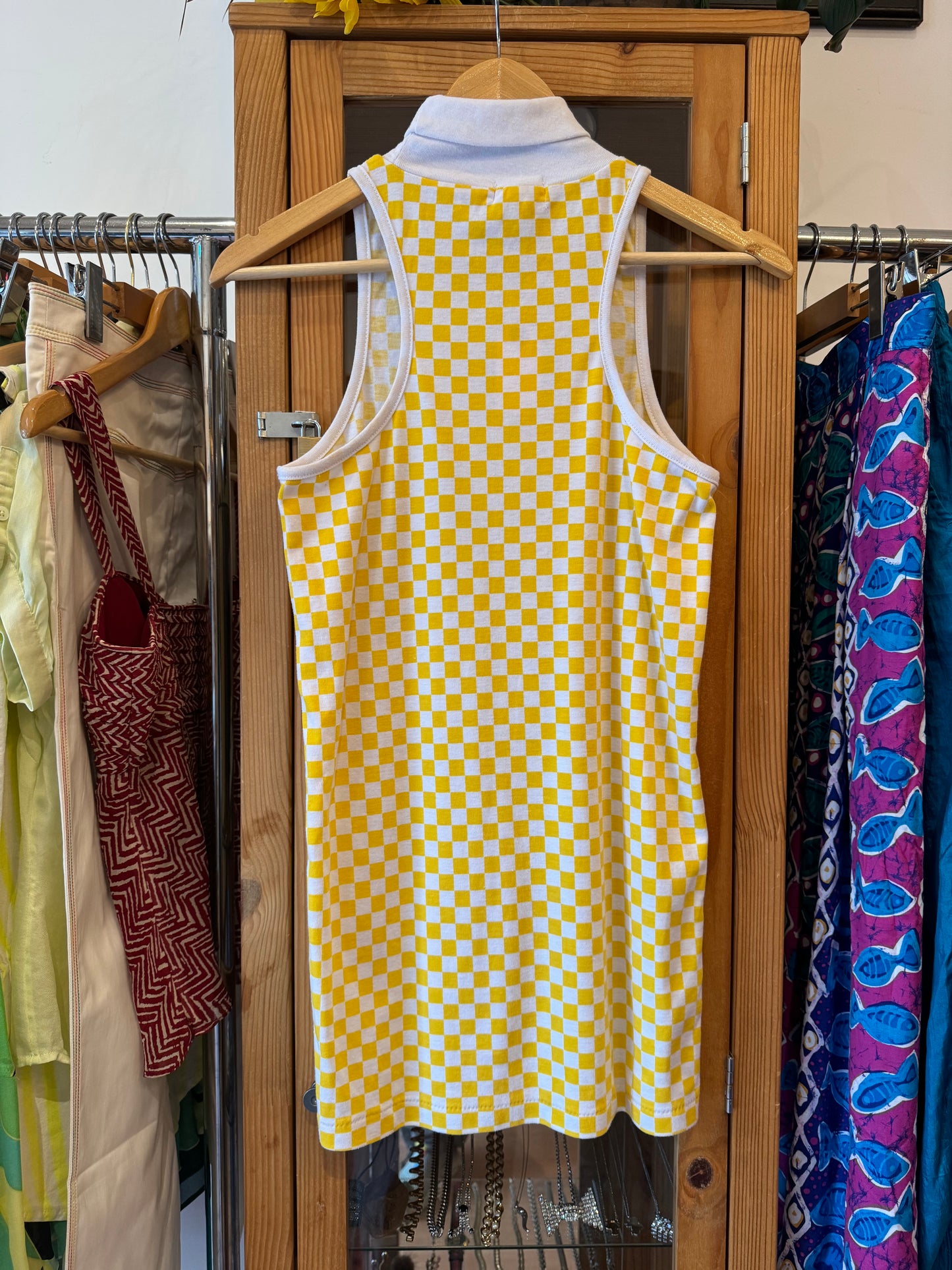 1980s Yellow Checkered Sleeveless Turtleneck Top