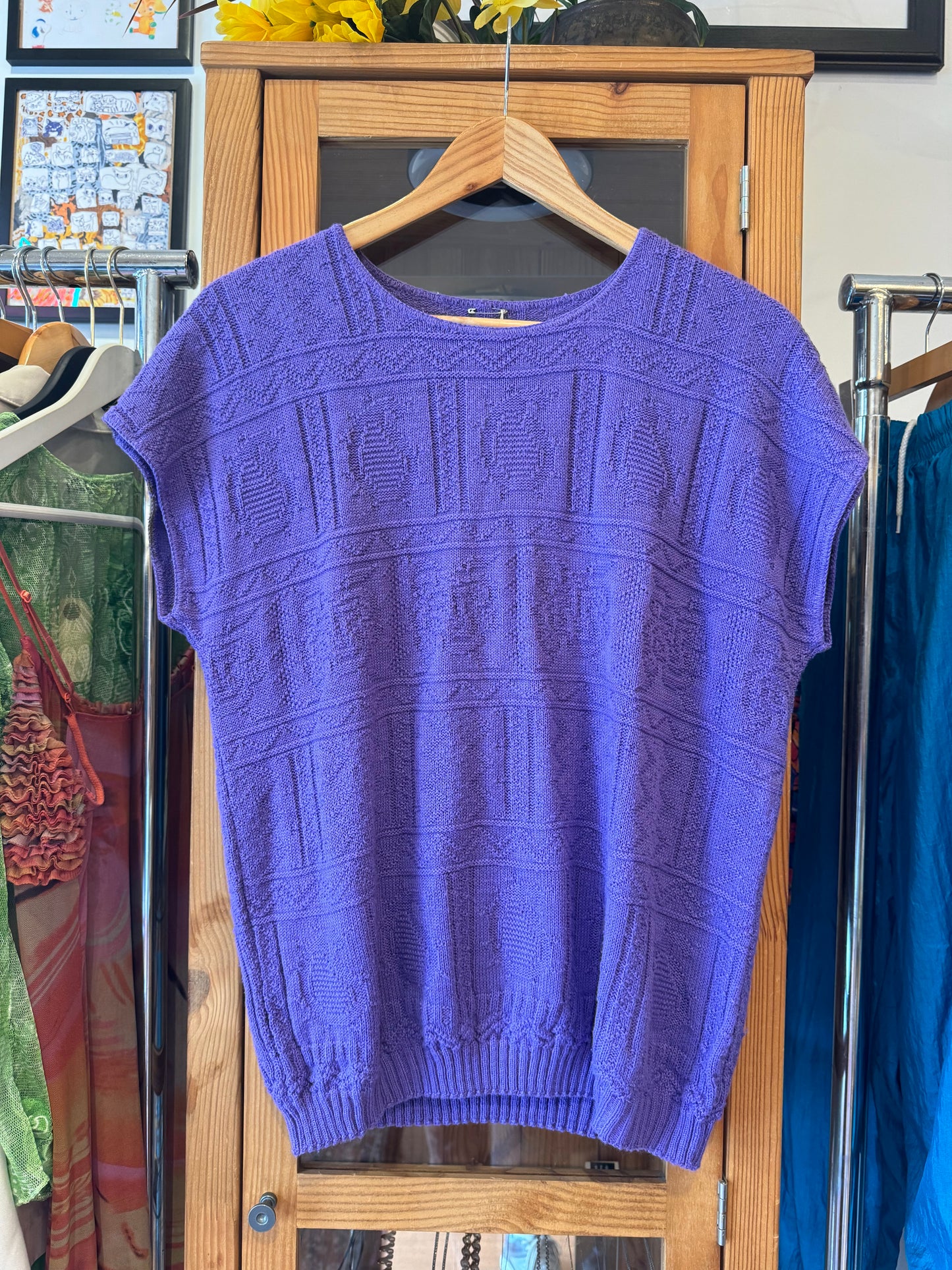 1980s Cotton Short Sleeve Knit Sweater (L)