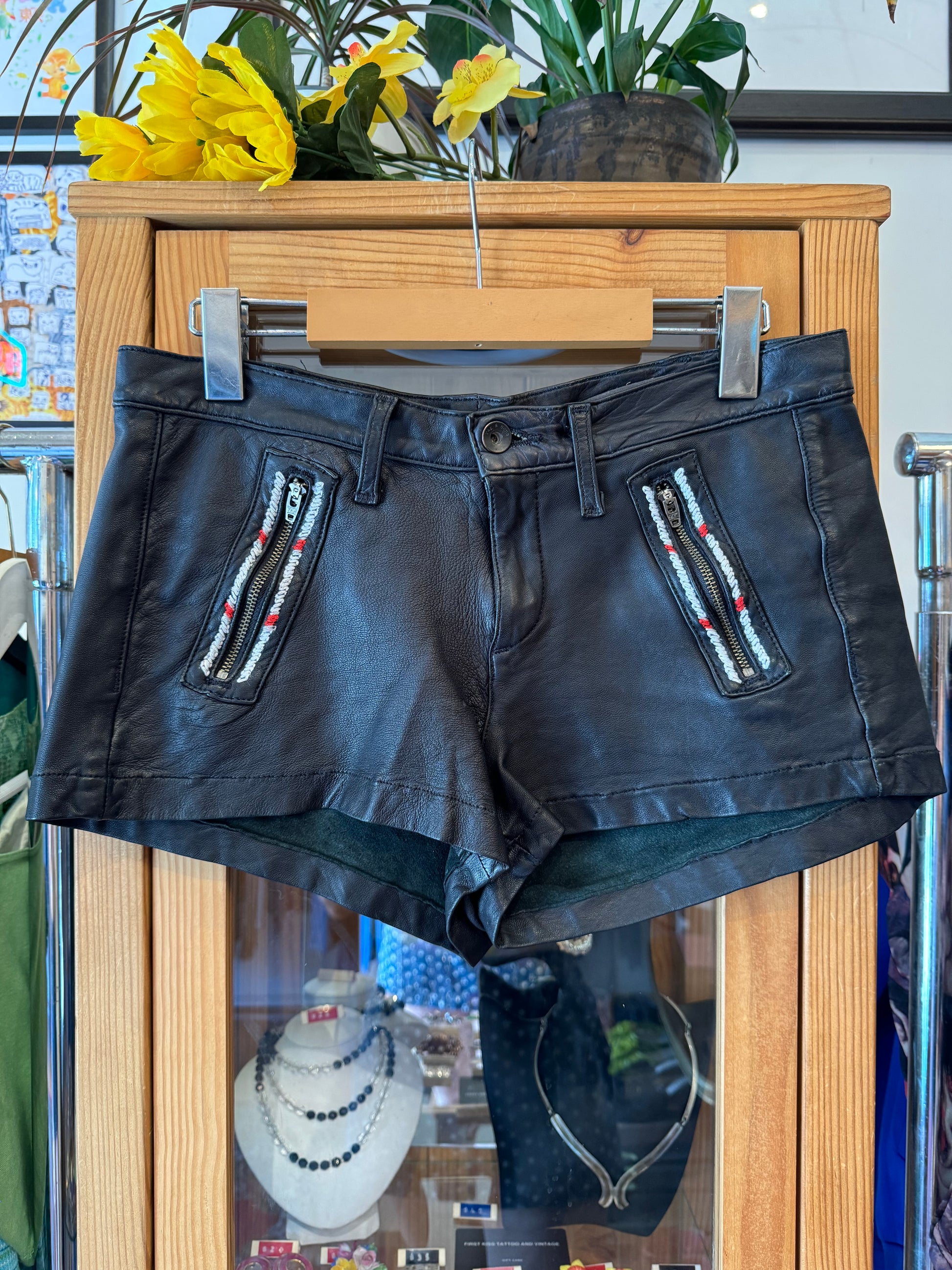 Rag and Bone Y2K Leather Low-Rise Shorts with Embellished Zippers (S)