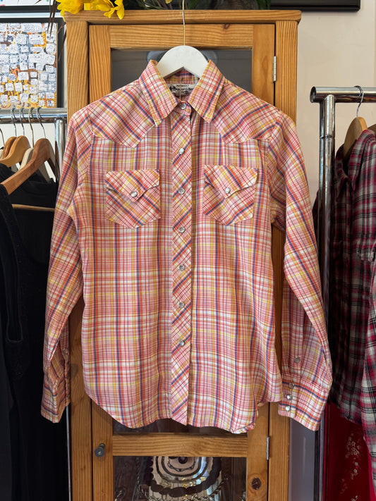 1980s Pink Plaid Western Shirt (M)