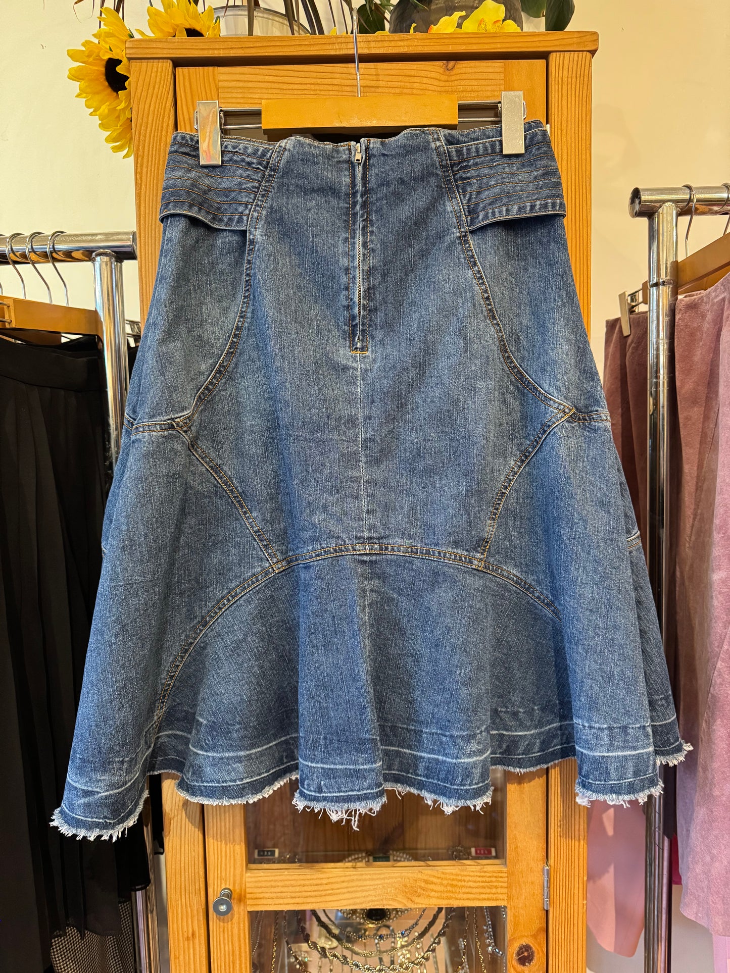 Y2K Denim Skirt with Frayed Hem (M)