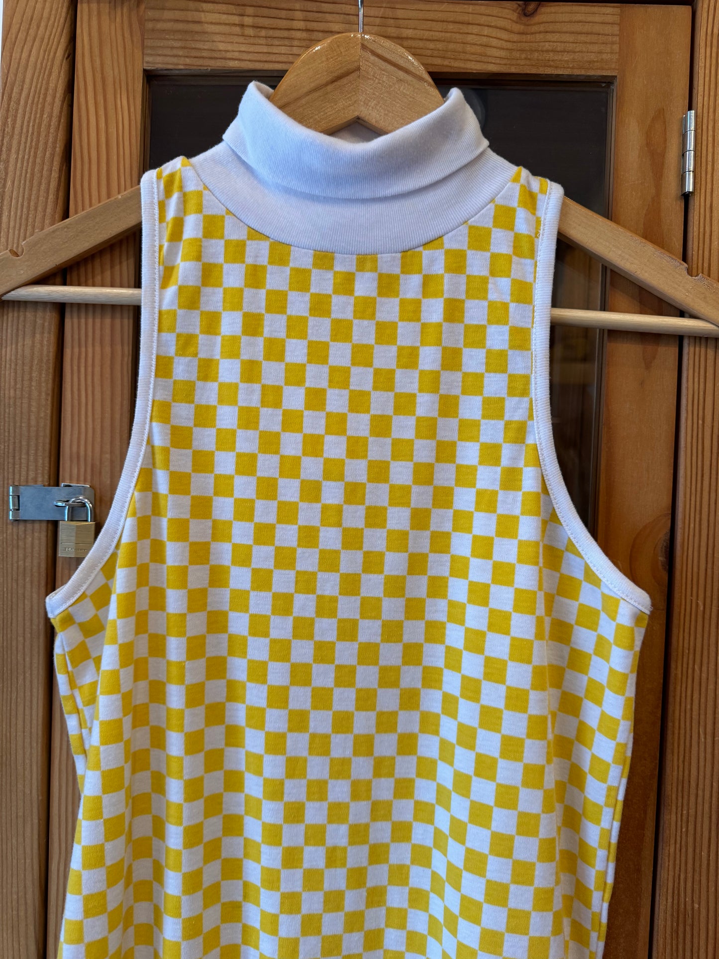 1980s Yellow Checkered Sleeveless Turtleneck Top