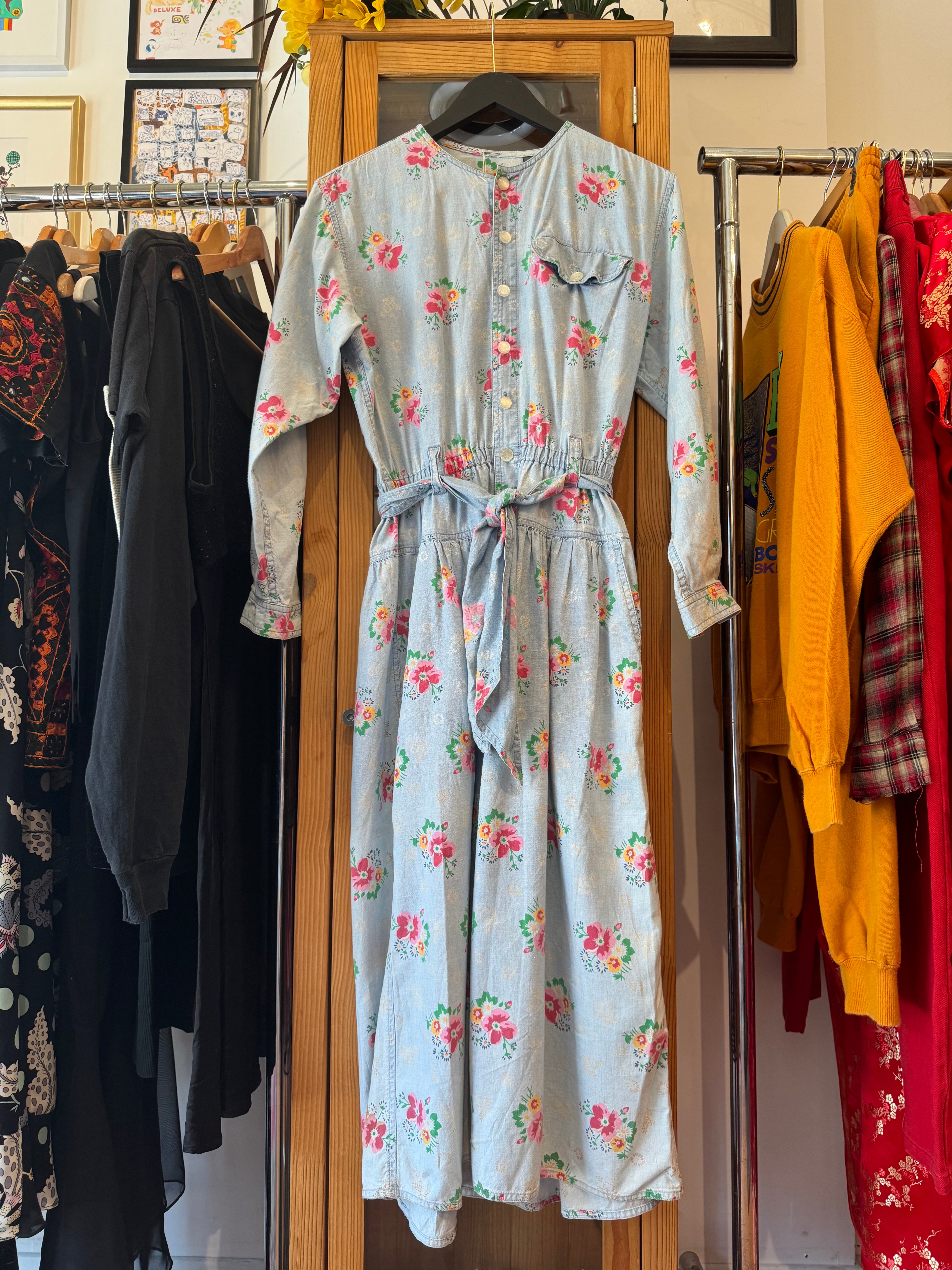 1990s Liz Claiborne Floral Light Denim Dress