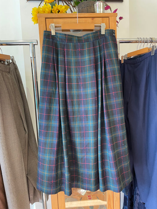  Long Pleated Wool Plaid Skirt  (M)