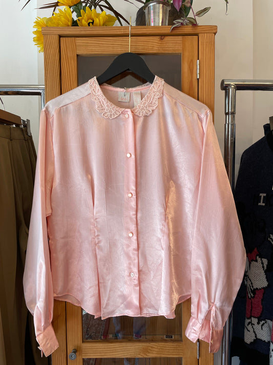 1980s Pale Pink Blouse with Lace Collar  (M)